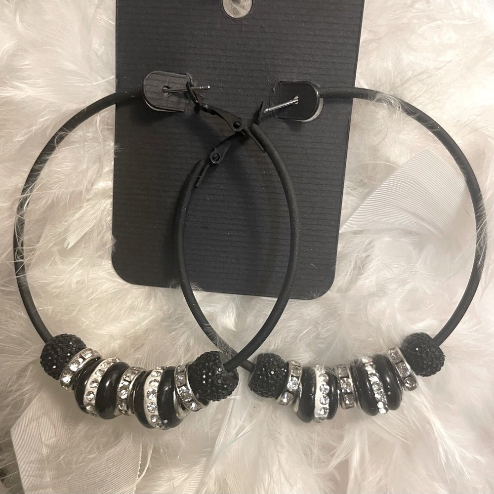 Beaded Black & White Hoop Earrings